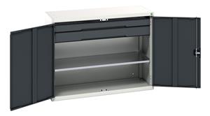 Verso kitted cupboard with 1 shelf, 2 drawers. WxDxH: 1300x550x1000mm. RAL 7035/5010 or selected Bott Verso Basic Tool Cupboards Cupboard with shelves